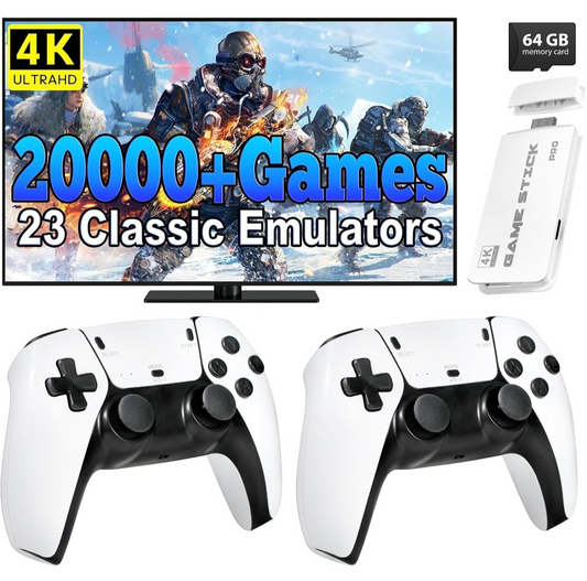 Retro Gaming Console, 20,000+ Retro Game Stick, 23 Emulators, 4K HD HDMI TV Game Stick, Includes 2 Wireless 2.4GHz Controllers,Plug & Play Video Games for TV(64GB