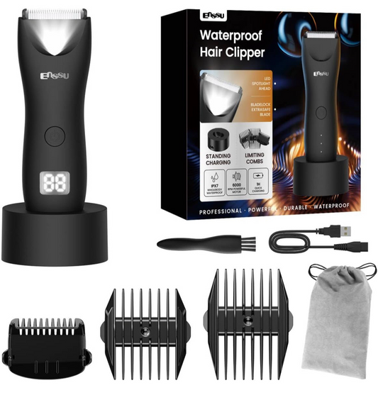 ENSSU Body Hair Trimmer for Men - Waterproof Meridian Trimmer with LED Light, 6000RPM Fast Motor, 5 Length Settings (Black)