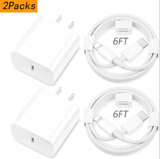 Fast Charging 2-Pack Type-C Wall Charger Block with 2-Pack USB-C to Lightning Cable for iPhone 14/13/12, AirPods Pro, Mobile Smartphone