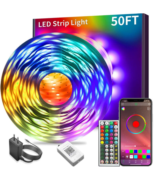 50FT Led Strip Lights RGB Music Sync Color Changing Bluetooth Led Lights with Smart App Control Remote Led Lights for Bedroom Room Lighting Flexible Home Décor