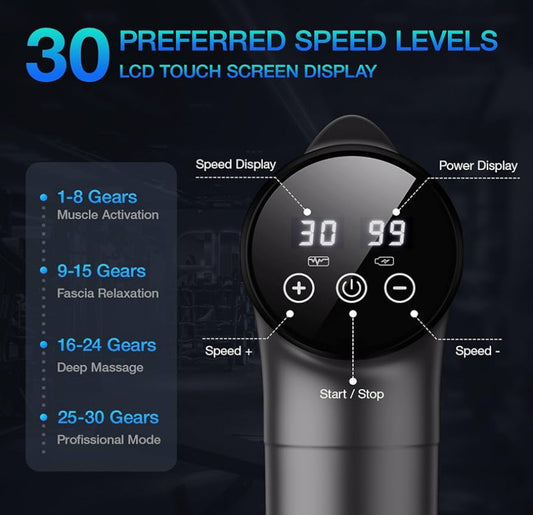 Massage Gun Deep Tissue, Handheld Electric Muscle Massager, High Intensity Percussion Massage Device for Pain Relief with 9 Attachments & 30 Speed