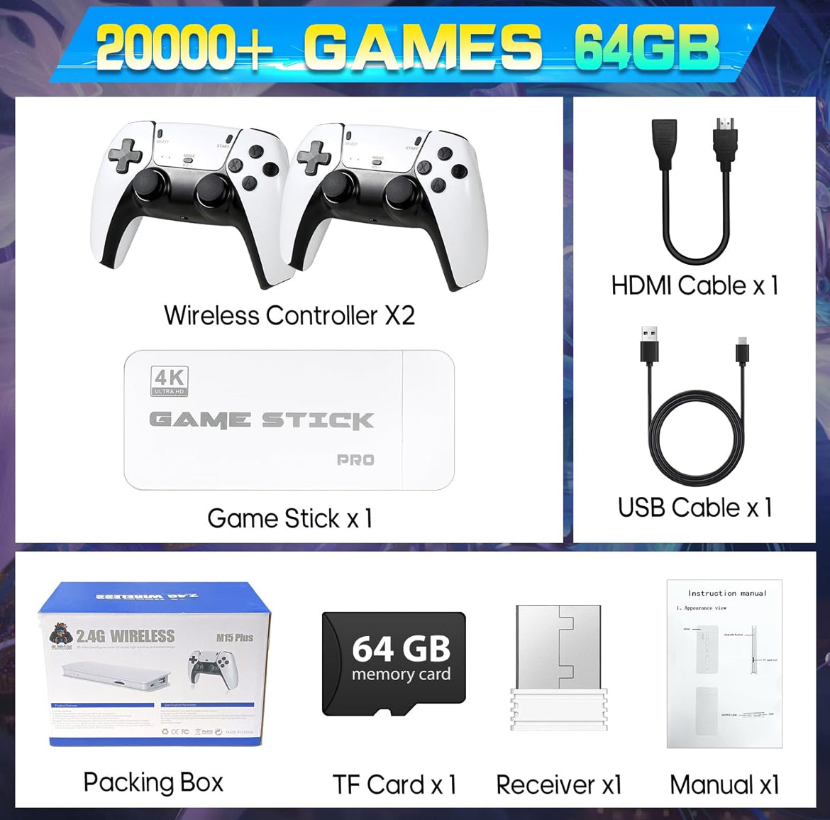 Retro Gaming Console, 20,000+ Retro Game Stick, 23 Emulators, 4K HD HDMI TV Game Stick, Includes 2 Wireless 2.4GHz Controllers,Plug & Play Video Games for TV(64GB