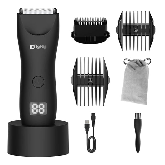 ENSSU Body Hair Trimmer for Men - Waterproof Meridian Trimmer with LED Light, 6000RPM Fast Motor, 5 Length Settings (Black)