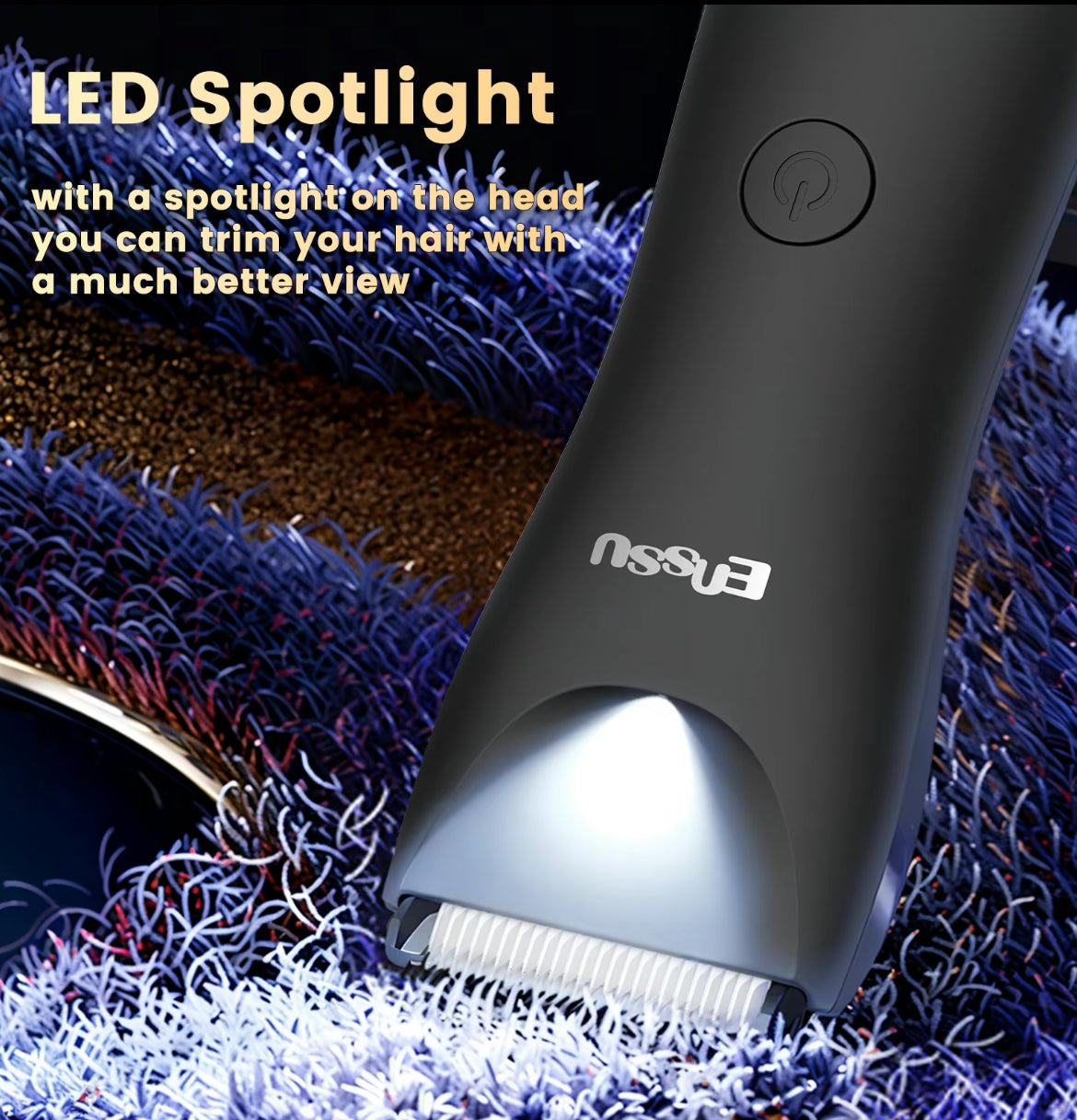 ENSSU Body Hair Trimmer for Men - Waterproof Meridian Trimmer with LED Light, 6000RPM Fast Motor, 5 Length Settings (Black)