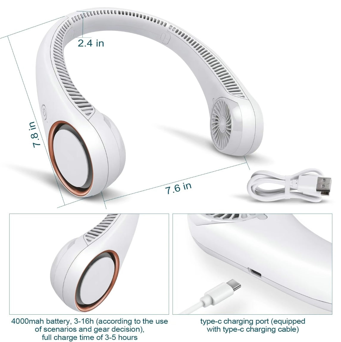 Bladeless Neck Fan with Neckband - Lightweight Small Fan - Portable Mini USB Fan - Rechargeable Personal Fan (White)