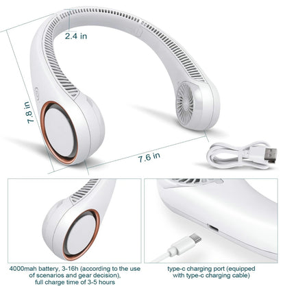 Bladeless Neck Fan with Neckband - Lightweight Small Fan - Portable Mini USB Fan - Rechargeable Personal Fan (White)